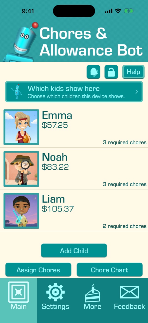 The app’s main screen with three children and their savings